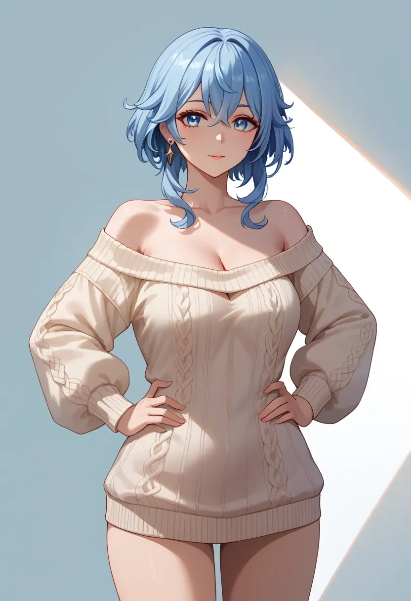 genshin_impact,furina_(genshin_impact),Hands on hips,off-shoulder,sweater  - 