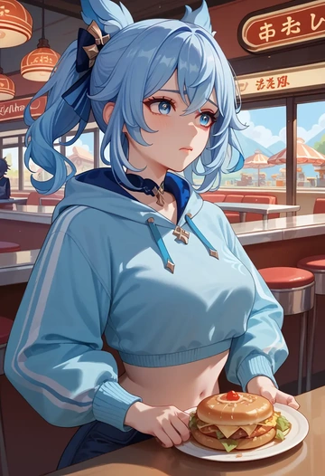 genshin_impact,furina_(genshin_impact),crop hoodie,shorts  - AI generated anime art