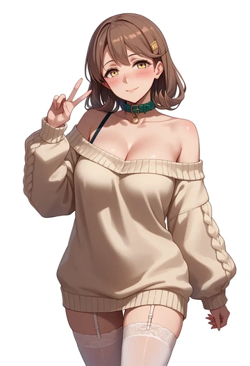 kantai_collection,furutaka_(kancolle),blushing,collar,off-shoulder,sweater,stockings  - AI generated anime art