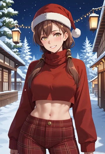 kantai_collection,furutaka_(kancolle),Christmas,plaid trousers  - AI generated anime art