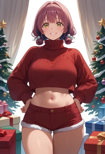 yuru_yuri,furutani_himawari,Christmas,red velvet shorts,turtleneck sweater  - AI generated anime art