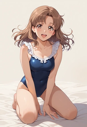 yuru_yuri,furutani_himawari,retro style swimsuit,frilled neckline,bow detail  - AI generated anime art