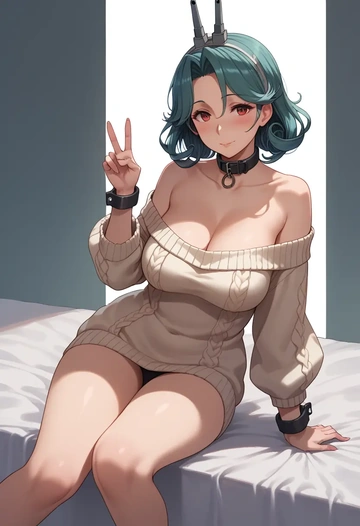 kantai_collection,fusou_(kancolle),blushing,collar,peace sign,off-shoulder,sweater  - AI generated anime art