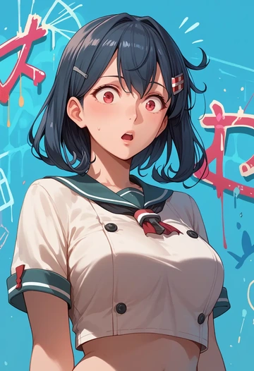 kantai_collection,fusou_(kancolle),cropped graffiti sweatshirt,dolphin shorts  - AI generated anime art