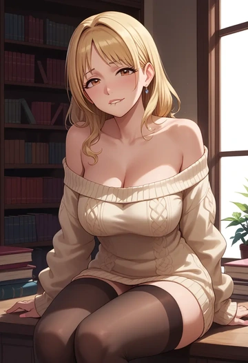 idolmaster,futaba_anzu,Biting lip,off-shoulder,sweater,stockings  - AI generated anime art