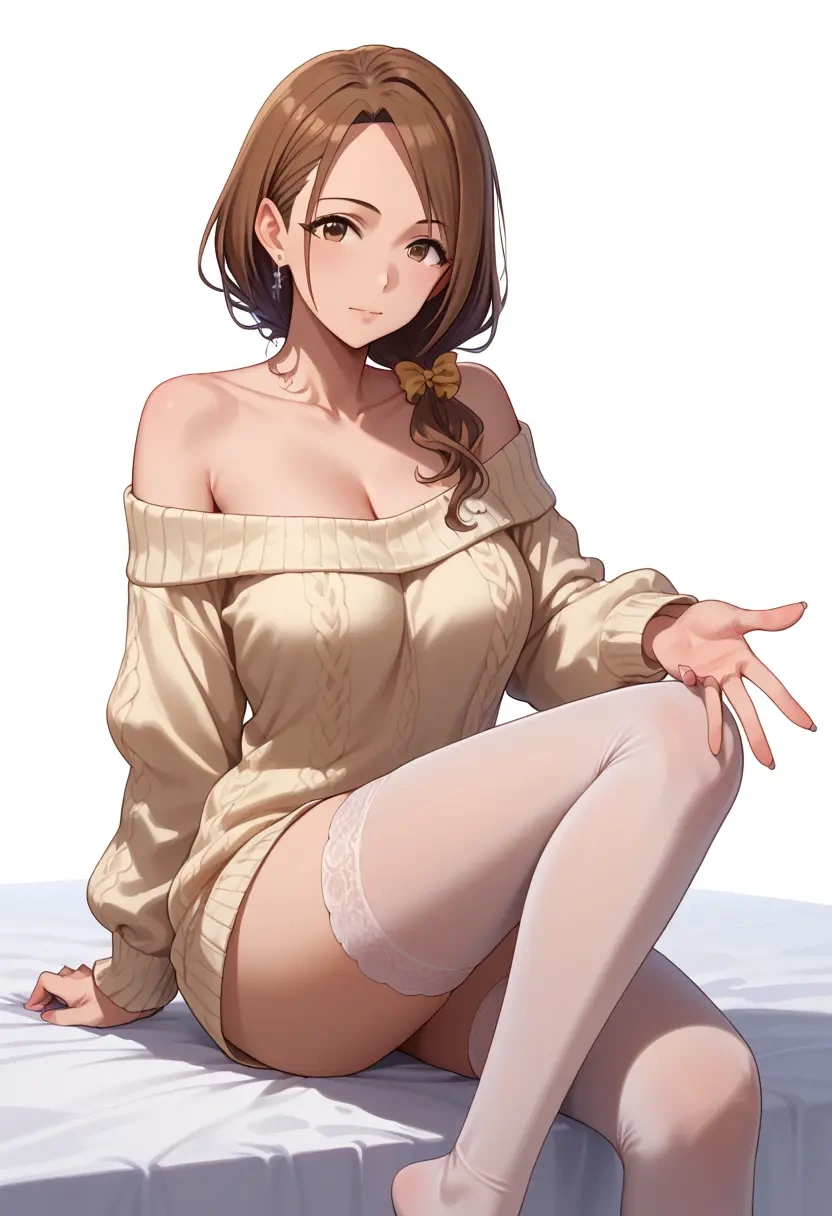 idolmaster,futami_ami,cross-legged,off-shoulder,sweater,stockings  - 