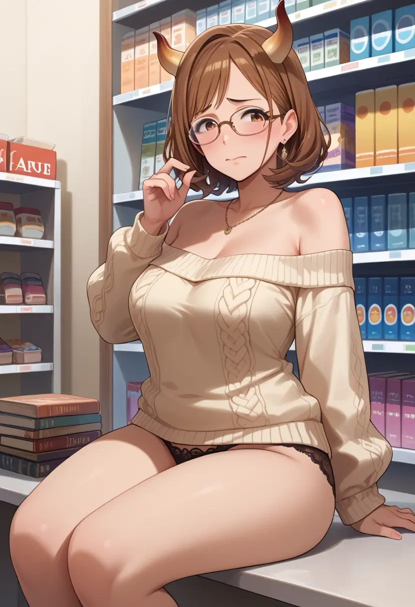 idolmaster,futami_ami,sweater,panties,off-shoulder,glasses,sexy  - 