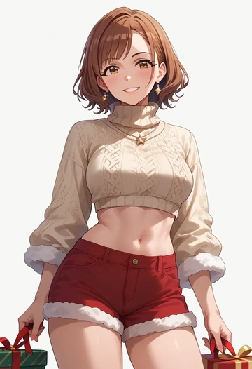 idolmaster,futami_ami,Christmas,red velvet shorts,turtleneck sweater  - AI generated anime art