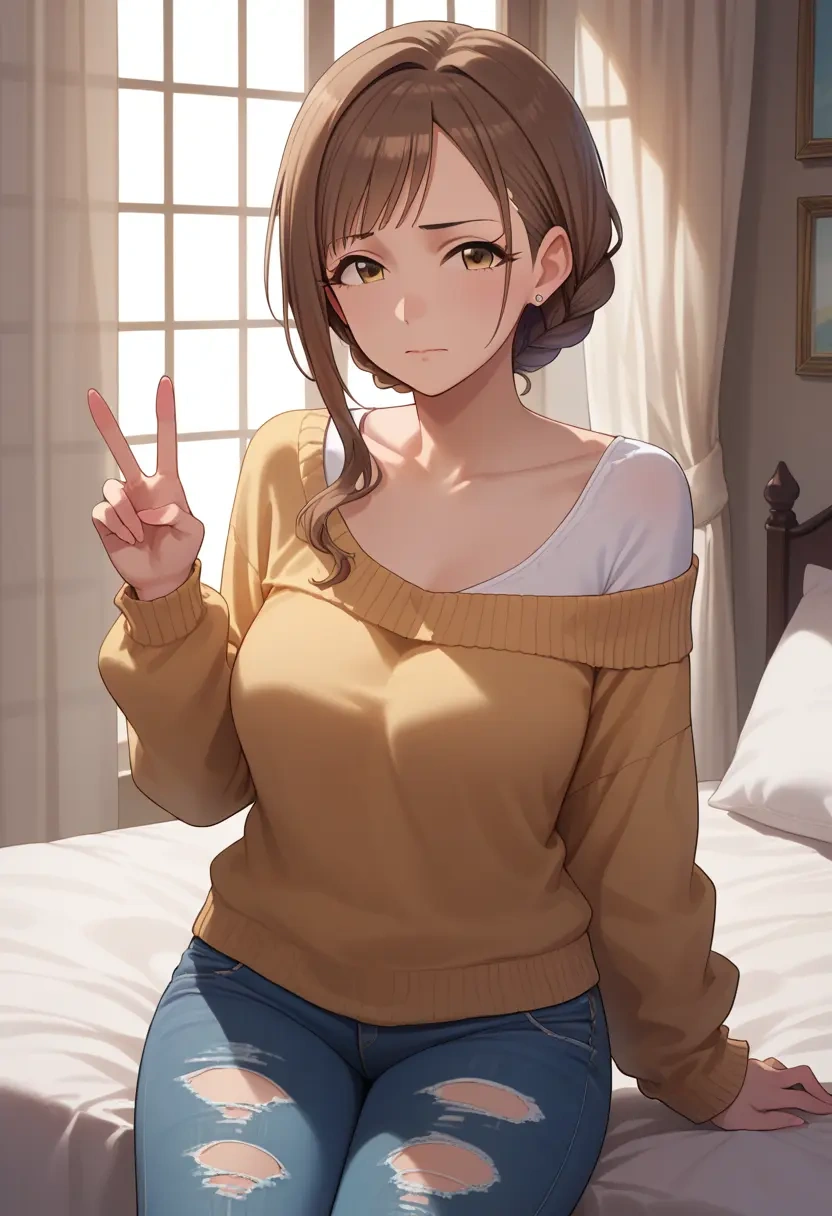 idolmaster,futami_ami,sweater,off-shoulder,ripped jeans  - 