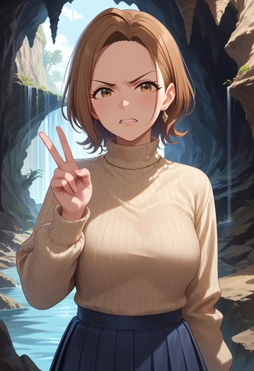 idolmaster,futami_ami,skirt,pleated,turtleneck sweater  - AI generated anime art