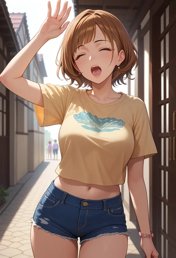 idolmaster,futami_mami,denim shorts  - AI generated anime art