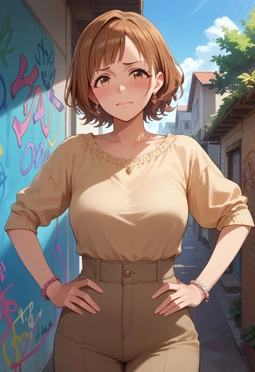 idolmaster,futami_mami,neon graffiti top,dolphin shorts  - AI generated anime art