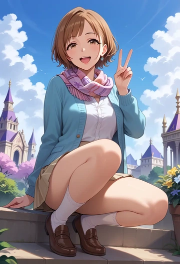 idolmaster,futami_mami,spring,student uniform,cardigan  - AI generated anime art