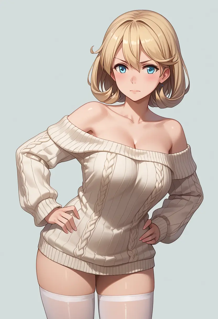 kantai_collection,gambier_bay_(kancolle),Hands on hips,off-shoulder,sweater,stockings  - 