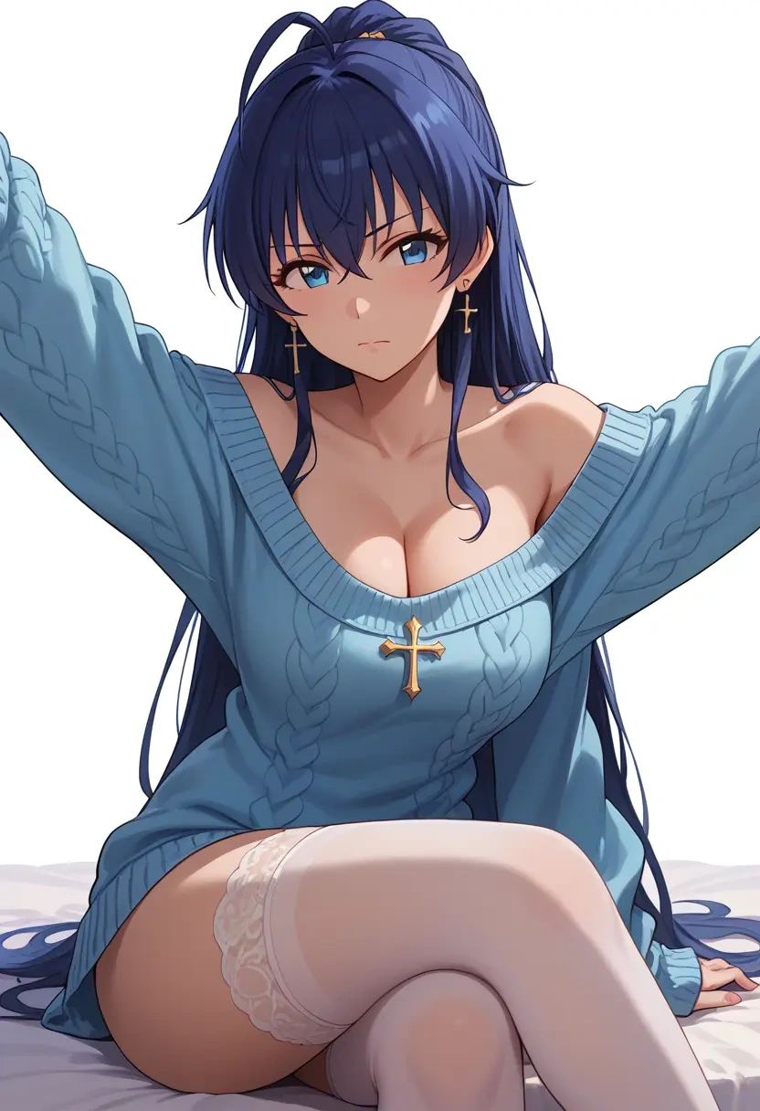 idolmaster,ganaha_hibiki,cross-legged,off-shoulder,sweater,stockings  - 