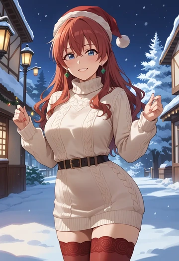 idolmaster,ganaha_hibiki,Christmas,sweater dress,stockings  - AI generated anime art