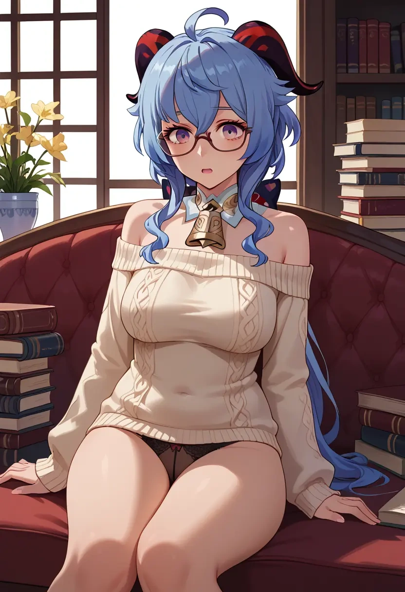 genshin impact,ganyu,sweater,panties,off-shoulder,glasses,sexy  - 