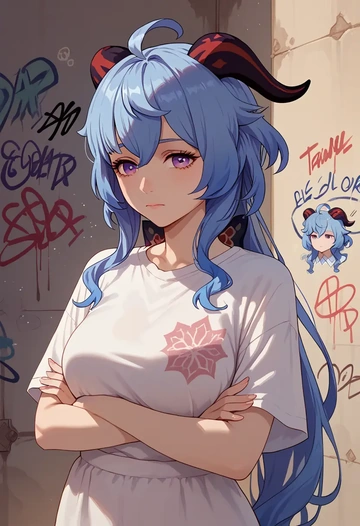 genshin impact,ganyu,oversized graffiti shirt,dolphin shorts  - AI generated anime art