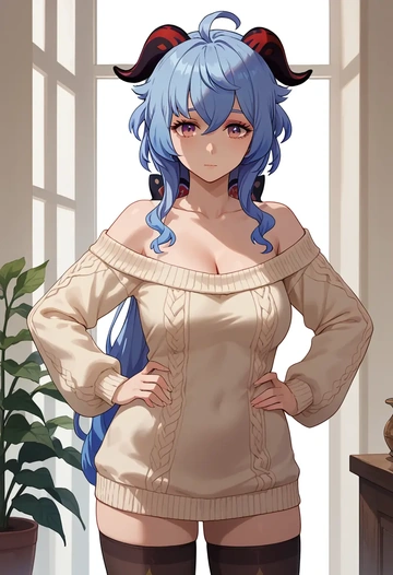 genshin impact,ganyu,Hands on hips,off-shoulder,sweater,stockings  - AI generated anime art