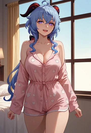 genshin impact,ganyu,pajamas, low-waisted shorts  - AI generated anime art