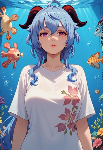 genshin impact,ganyu,oversized graffiti shirt,dolphin shorts  - AI generated anime art