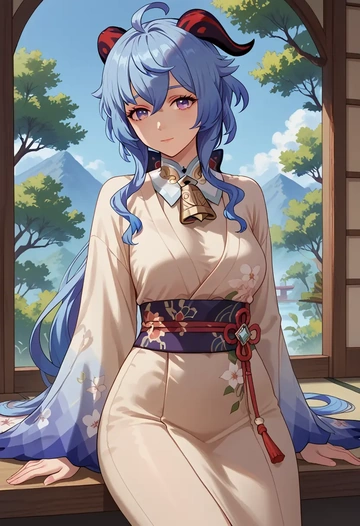 genshin impact,ganyu,kimono,silk,wide-leg trousers  - AI generated anime art