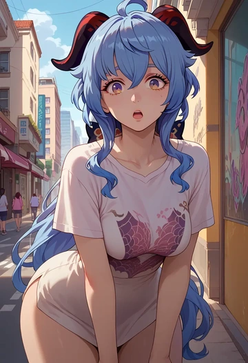 genshin impact,ganyu,silk graffiti shirt,dolphin shorts  - AI generated anime art