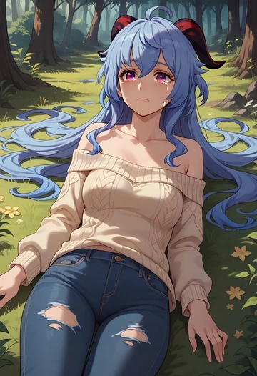 genshin impact,ganyu,sweater,off-shoulder,ripped jeans  - AI generated anime art