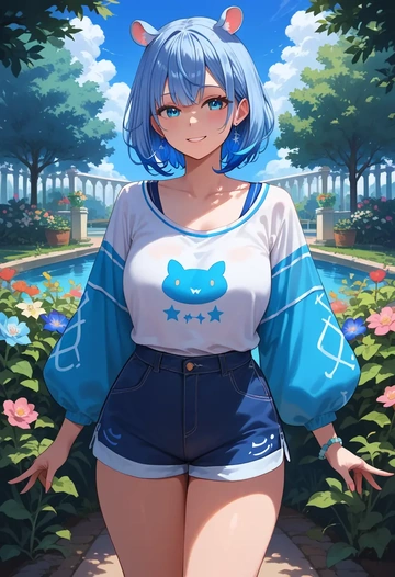 hololive,gawr_gura_(1st_costume),graphic tee,shorts,sneakers  - AI generated anime art