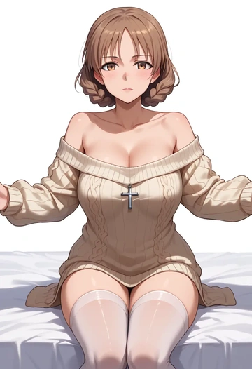 world_witches_series,gertrud_barkhorn,cross-legged,off-shoulder,sweater,stockings  - AI generated anime art