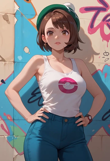 pokemon,gloria_(pokemon),abstract graffiti tank,dolphin shorts  - AI generated anime art