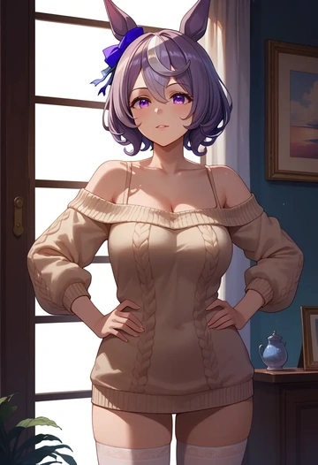 umamusume,gold_ship_(umamusume),Hands on hips,off-shoulder,sweater,stockings  - AI generated anime art