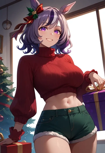 umamusume,gold_ship_(umamusume),Christmas,red velvet shorts,turtleneck sweater  - AI generated anime art