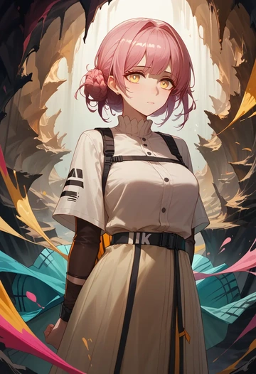 arknights,goldenglow_(arknights),paint-splatter blouse,dolphin shorts  - AI generated anime art