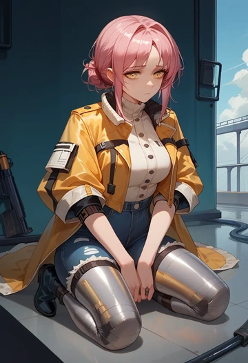 arknights,goldenglow_(arknights),denim jacket,cropped,leather leggings  - AI generated anime art