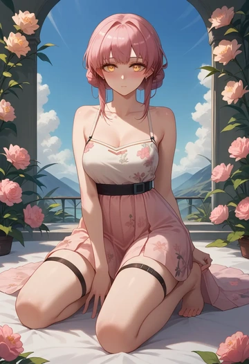 arknights,goldenglow_(arknights),silk slip dress,floral prints  - AI generated anime art