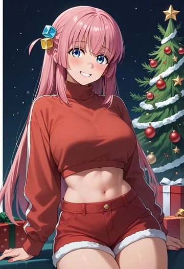 bocchi_the_rock!,gotoh_hitori,Christmas,red velvet shorts,turtleneck sweater  - AI generated anime art