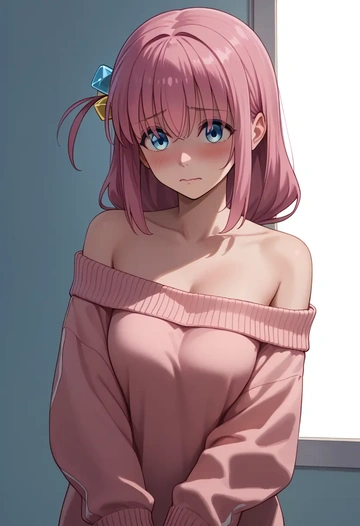 bocchi_the_rock!,gotoh_hitori,sweater,off-shoulder,collar  - AI generated anime art