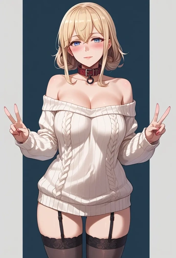 kantai_collection,graf_zeppelin_(kancolle),blushing,collar,off-shoulder,sweater,stockings  - AI generated anime art