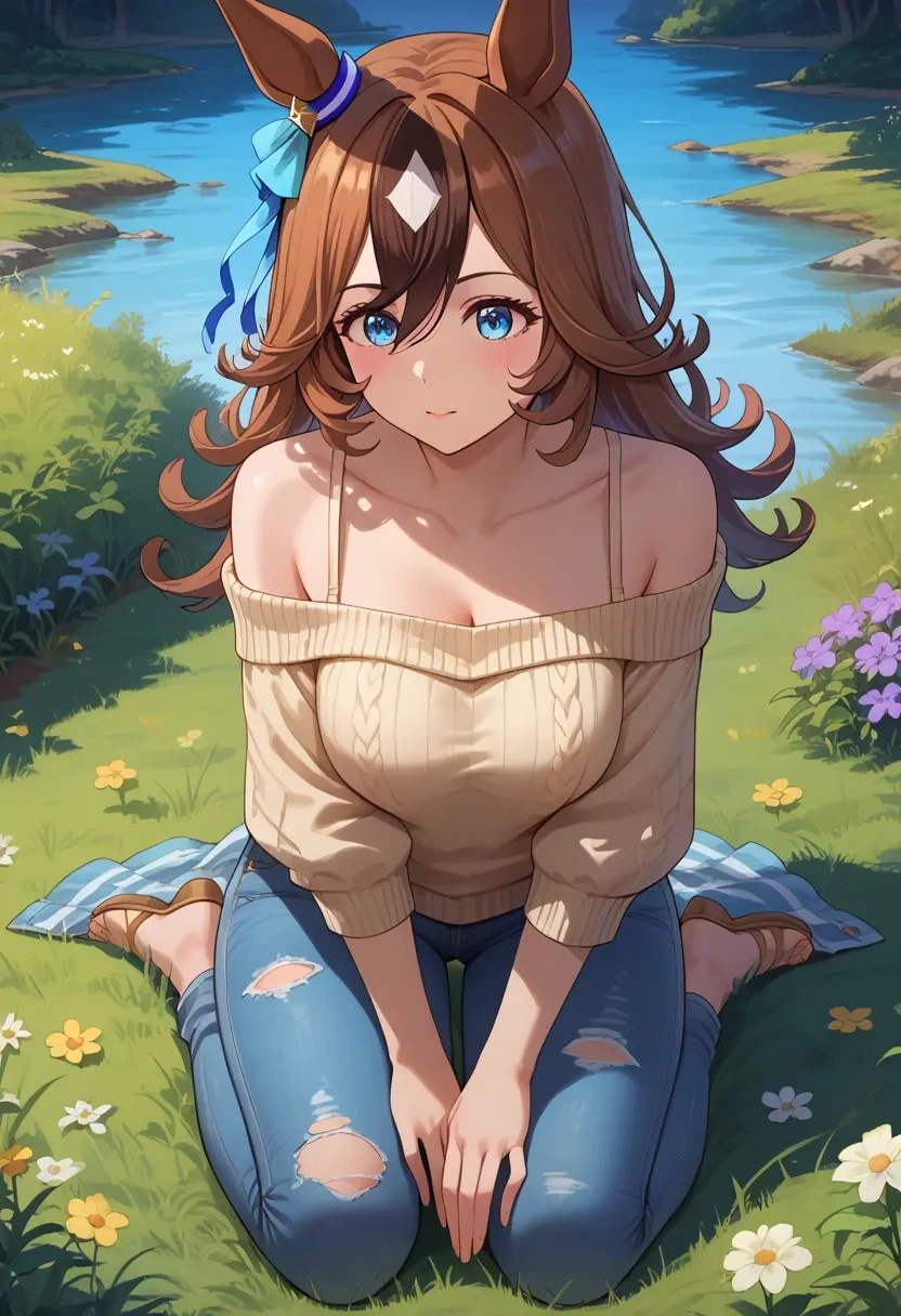 umamusume,grass_wonder_(umamusume),sweater,off-shoulder,ripped jeans  - 