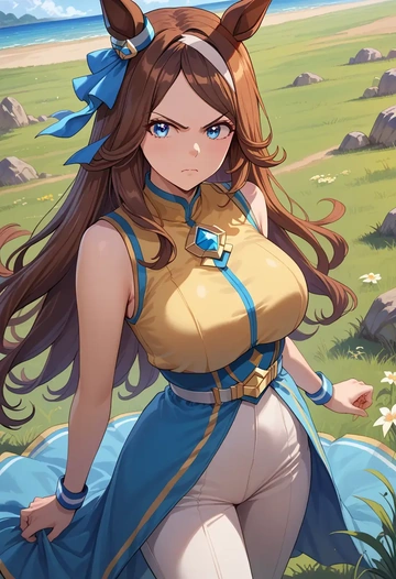 umamusume,grass_wonder_(umamusume),jumpsuit,sleeveless,flare pants  - AI generated anime art