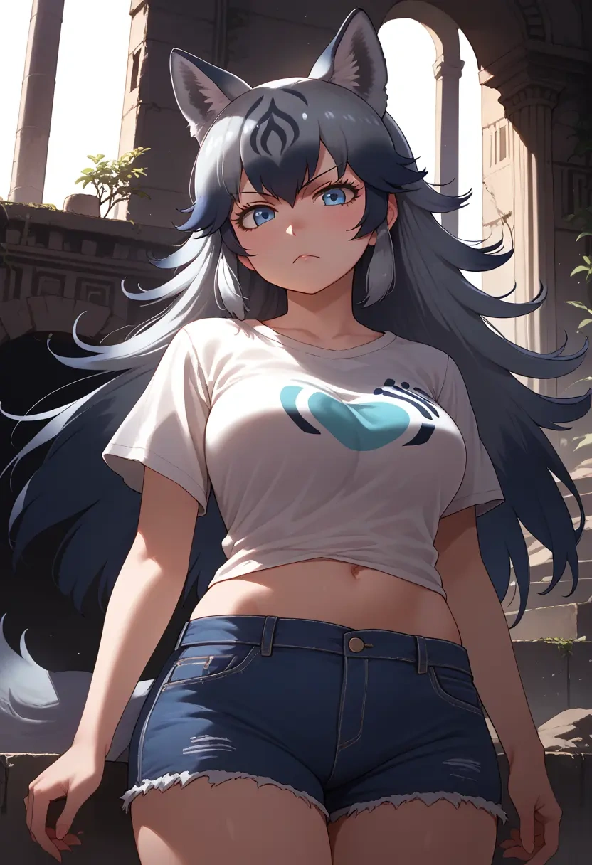 kemono_friends,grey_wolf_(kemono_friends),denim shorts  - 