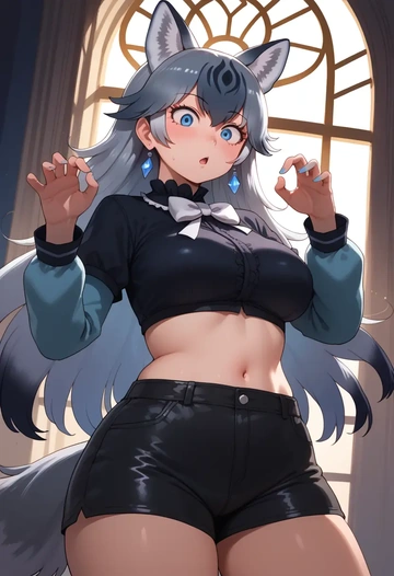 kemono_friends,grey_wolf_(kemono_friends),leather,shorts,crop top  - AI generated anime art