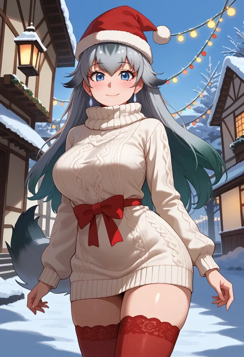 kemono_friends,grey_wolf_(kemono_friends),Christmas,sweater dress,stockings  - 