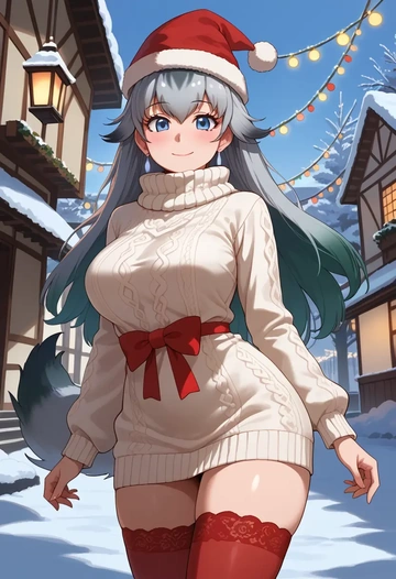 kemono_friends,grey_wolf_(kemono_friends),Christmas,sweater dress,stockings  - AI generated anime art