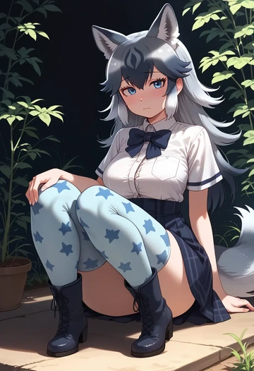 kemono_friends,grey_wolf_(kemono_friends),shirt dress,belted,stockings  - AI generated anime art