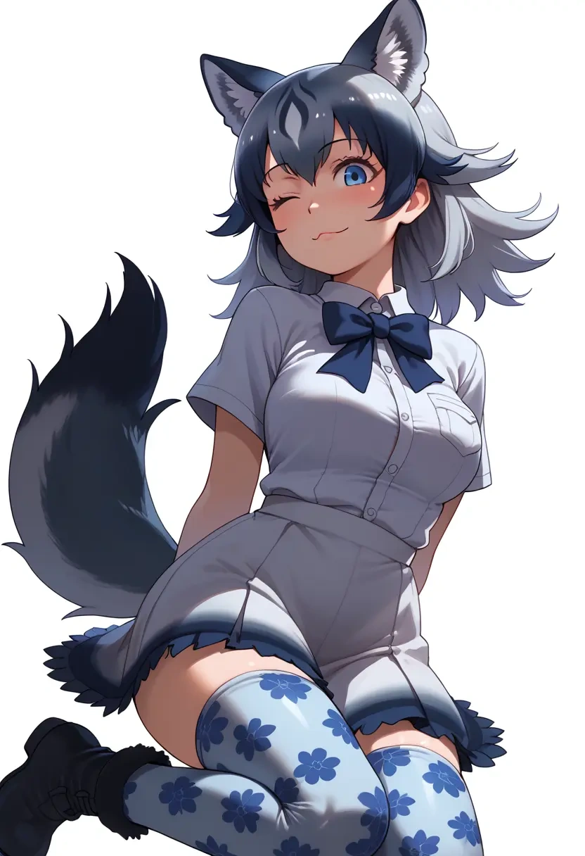 kemono_friends,grey_wolf_(kemono_friends),shirt dress,belted,stockings  - 