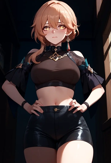 hair flower,high ponytail,leather,shorts,crop top  - AI generated anime art