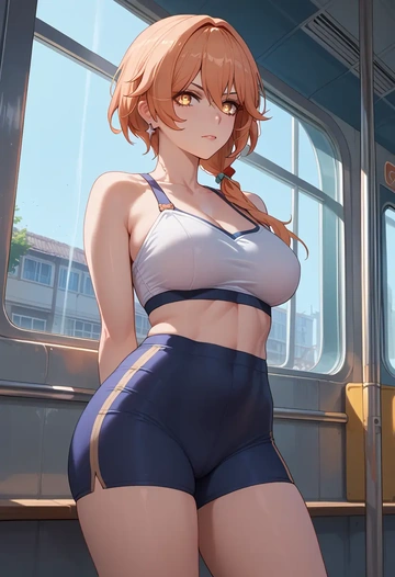 hair flower,high ponytail,yoga shorts  - AI generated anime art