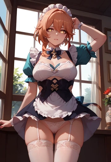 hair flower,high ponytail,maid, sexy, stockings,panties  - AI generated anime art